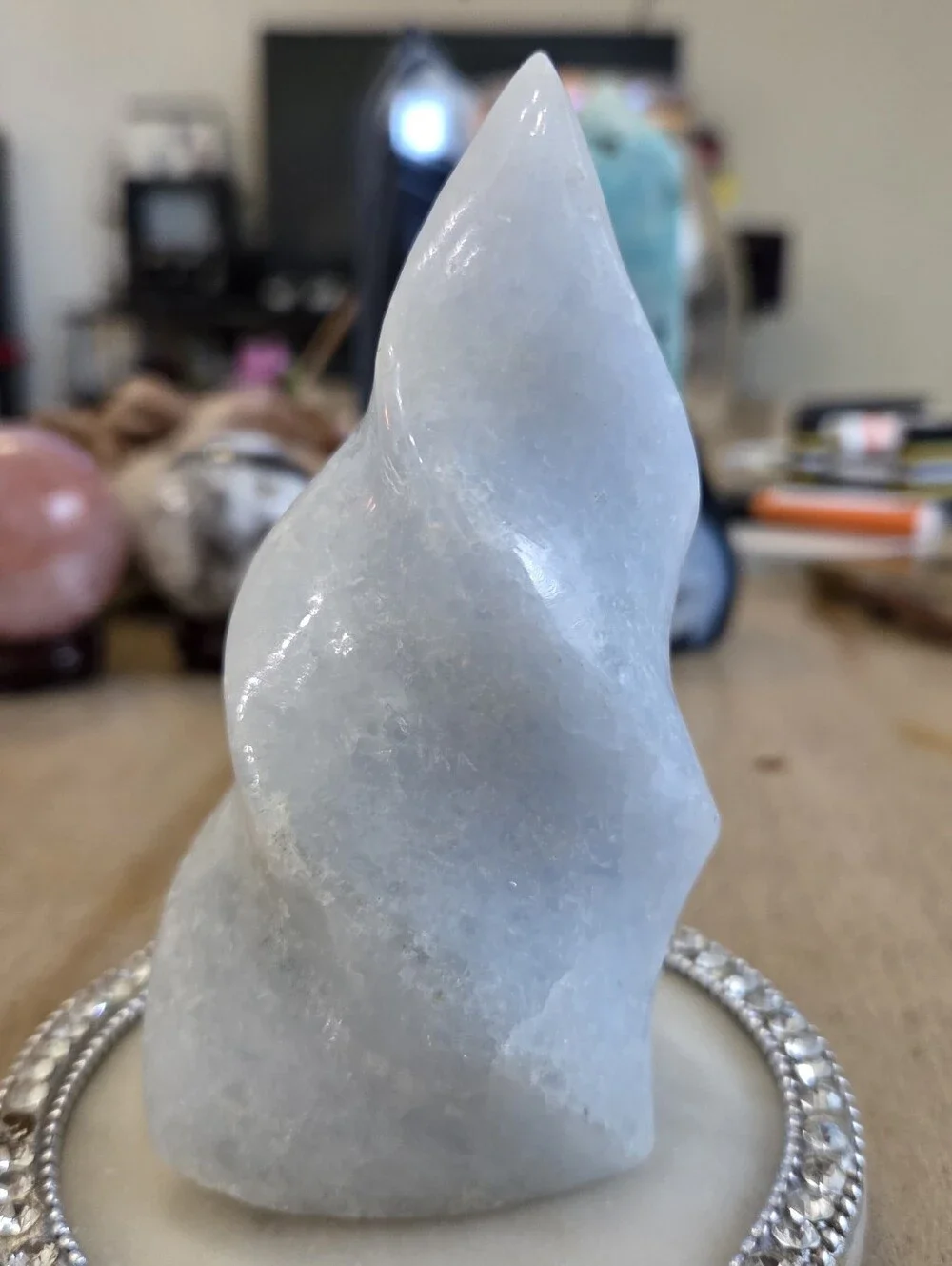 Natural Blue Celestite Crystal Carved Torch Flame Tower New #3